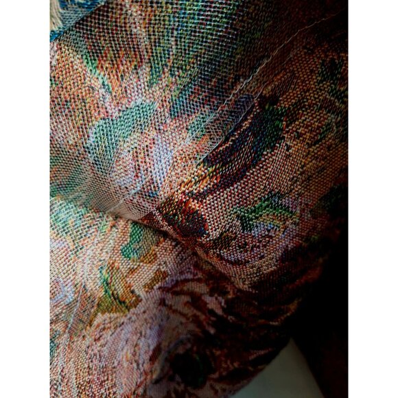 Vtg Girls Floral Tapestry Dress With Sheer Bodice & Navy Satin Puff Sleeves - Picture 8 of 15